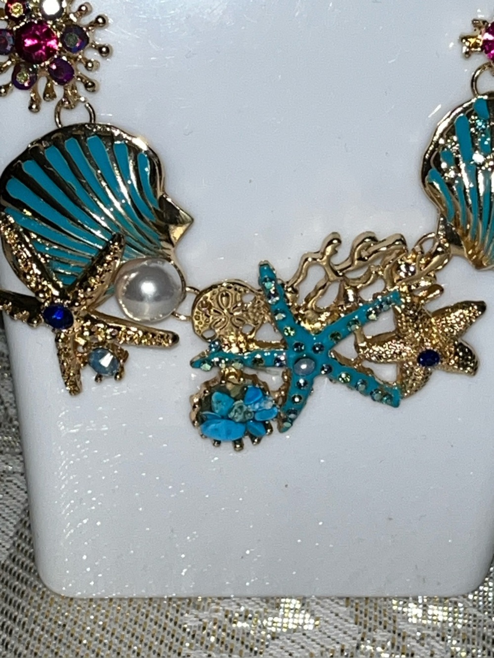 Chic Beach Turquoise Starfish Rhinestone Pearl Mermaid Seashell Necklace NEW! - Picture 3 of 7
